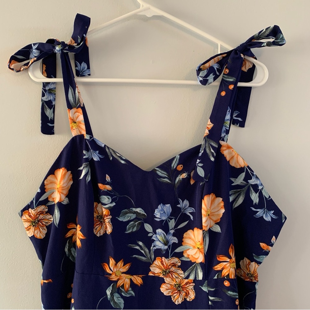 Midi Dress Tie Straps Sweetheart Neck Floral Blue Orange SHEIN Curve Size 2XL - Picture 2 of 5